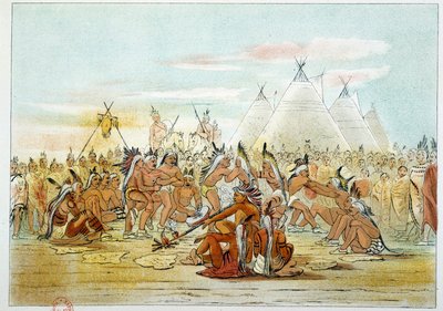 Indians of America: Assiniboin tribe resembling Sioux dancing pipe dance. Illustration by George Catlin by George Catlin