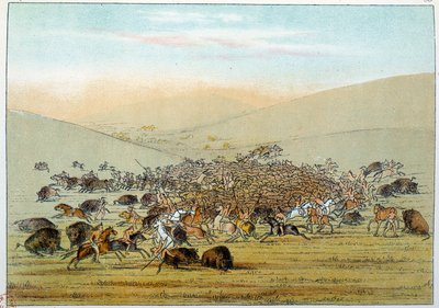 Indians of America: Indian miniatarees hunting buffalo with spears. Illustration by George Catlin by George Catlin