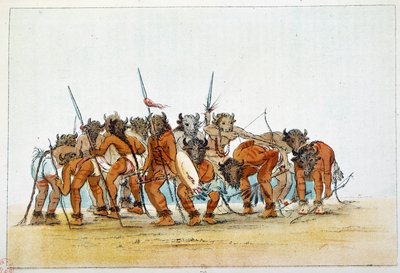 Indians of America: Meeting of Mandans warriors with their trophy of buffalo head on their head. Illustration by George Catlin by George Catlin