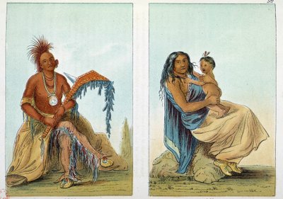 Indians of America: Portrait of a leader of the Osage called Clermont with his wife and son. Illustration by George Catlin by George Catlin
