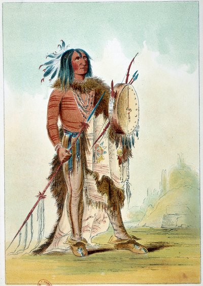 Indians of America: Portrait of an Indian chief who became a doctor holds a tam tam in which are the remedies. Illustration by George Catlin by George Catlin