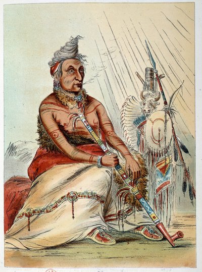 Indians of America: Portrait of an Old Indian Chief Smoking His Pipe Named The Black Moccasin. Illustration by George Catlin by George Catlin