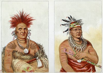 Indians of America: the horse chief tribe of the Great Pawnees (or Paneassa, Pari, Pariki) - The second has a necklace made of bear claws. Illustration by George Catlin by George Catlin