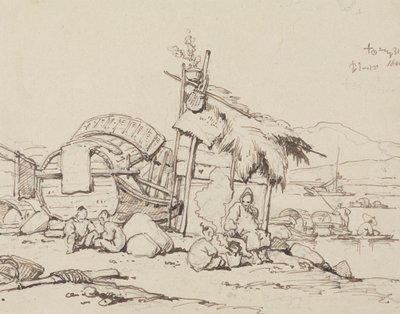 Old Man and Children Seated, Cooking by George Chinnery