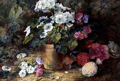 A Still Life of Pelargoniums in a Pot with Camellias by George Clare