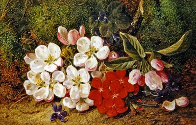 Blossom And Geraniums By Mossy Bank by George Clare