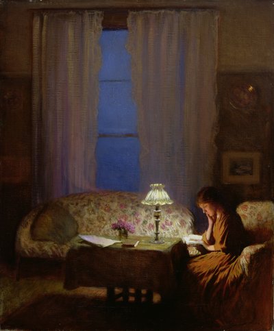 Reading by Lamplight (Twilight: Interior) by George Clausen