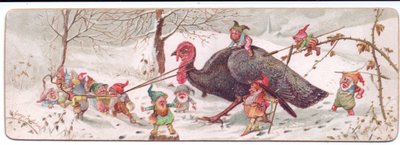 A Victorian Christmas card of a group of malicious elves leading a captured turkey by George Cruikshank