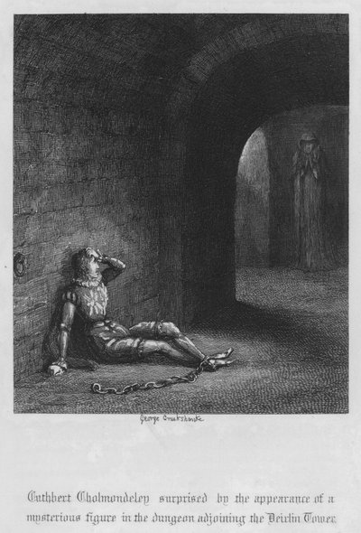 Cuthbert Cholmondeley surprised by the appearance of a mysterious figure in the dungeon adjoining the Devilin Tower by George Cruikshank