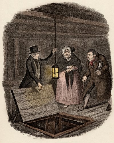 In the presence of Monsieur Bumble and Madame Corney, Monks destroys the medallion of Oliver Twist (Illustration for 