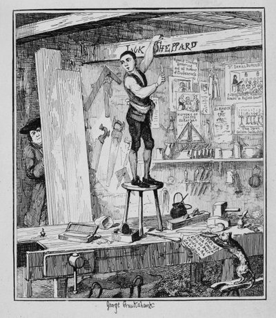 Jack carves his name on a beam in the shop of his former employer, illustration from 
