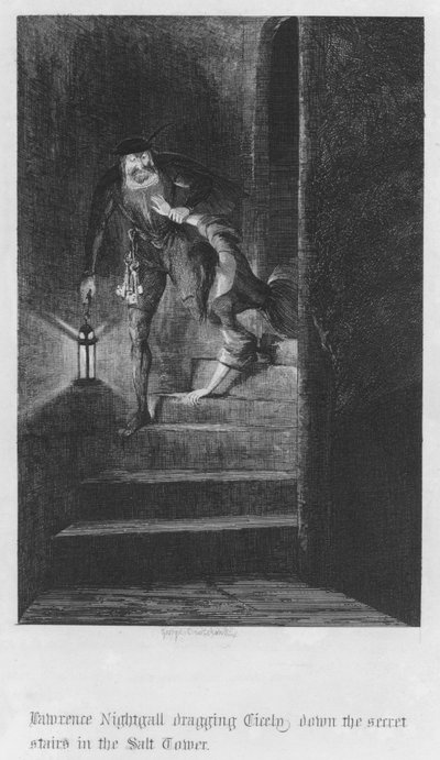 Lawrence Nightgall Dragging Cicely Down the Secret Stairs in the Salt Tower by George Cruikshank