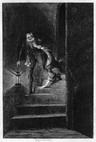 Lawrence Nightgall dragging Cicely down the secret stairs in the Salt Tower, 1840 by George Cruikshank