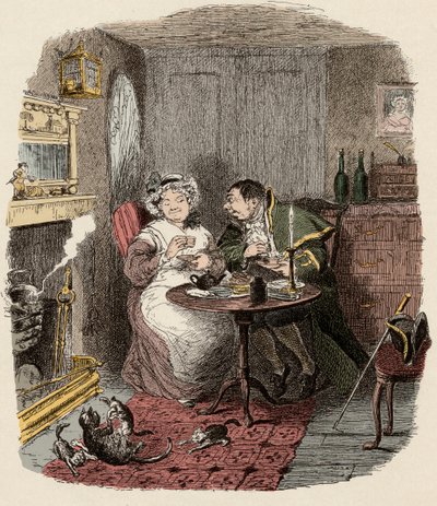 Monsieur Bumble and Madame Corney having tea (Illustration for 