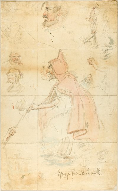 Mother Shipton (recto); Sheet of Sketches: Fleur-de-Lis and Figures (verso) by George Cruikshank
