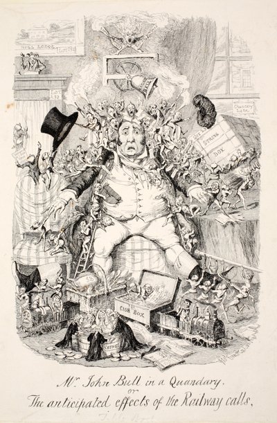 Mr John Bull in a Quandary or the Anticipated effects of the Railway Calls, pub. 1845 by George Cruikshank