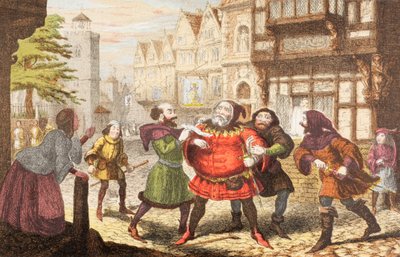 Mrs Quickly has Sir John Falstaff arrested in Henry IV, Part 2 by George Cruikshank