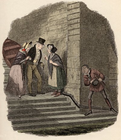 Noe Claypole spying on the secret appointment between Mr. Brownlow, Rose Maylie and Nancy (Illustration for 