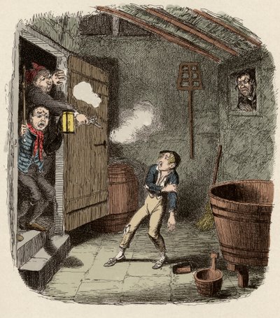 Oliver surprised and wounded during the attempted burglary - The Burglary - Illustration for "Oliver Twist" by George Cruikshank