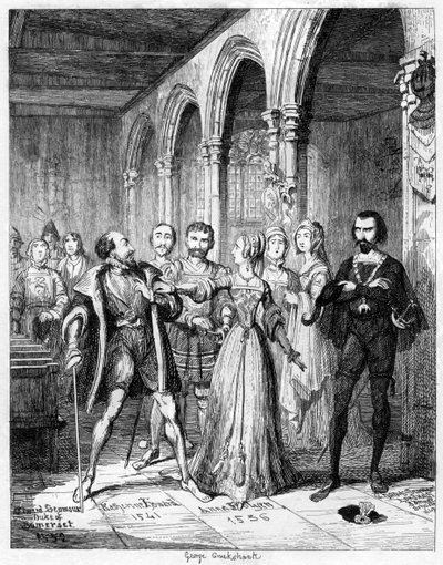 Queen Jane interposing between Northumberland and Simon Renard, 1553 1840 by George Cruikshank