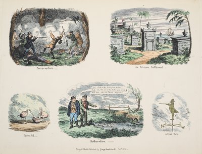 Scraps and Sketches: Preservation, An African Settlement, Spoon-bill, Botheration, A Vane Man, published 1831 by George Cruikshank