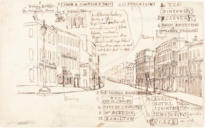 Street Perspective with Places of Business Labeled by George Cruikshank