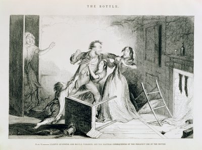 The Bottle, Plate VI, Fearful quarrels and brutal violence are the natural consequences of frequent use of the bottle, 1847 by George Cruikshank