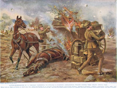 Acting-Bombardier H.A. Creasey Assisting to Unload a Burning Ammunition Wagon Under Very Heavy Shell Fire, illustration from 