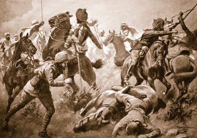 Risaldar Santa Singh, Dafadar Bisham Singh and Sowar Buda Singh breaking through the ranks of the Arabs to the assistance of Captain Willoughby by George Derville Rowlandson