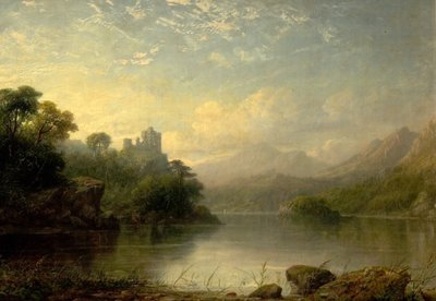 Lake Scene with Ruined Castle and Mountains, 19th Century by George F. Buchanan