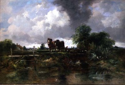 Wooded River Landscape with Horses Working a Lock by George Frederic Watts