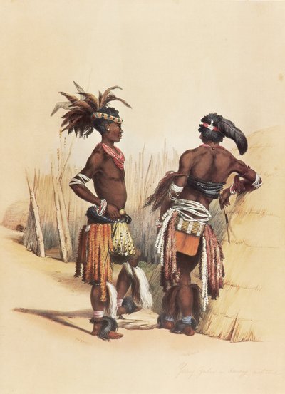 Two young Zulu men, adorned in vibrant traditional attire by George French Angas