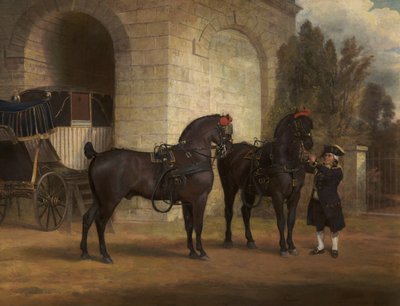 Two Black Coach Horses with a Coachman by George Garrard