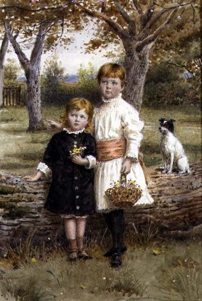 Two Sisters with a Basket of Flowers by George Goodwin Kilburne