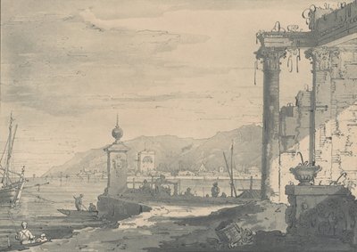 A Coastal Scene with a Classical Ruin by George Hawkins