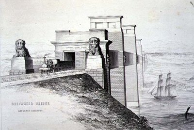 Britannia Bridge, Anglesey Entrance, engraved by the artist by George Hawkins