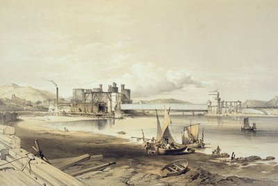 Conway Bridge, Construction of Second Tube, September 1848, engraved by the artist by George Hawkins