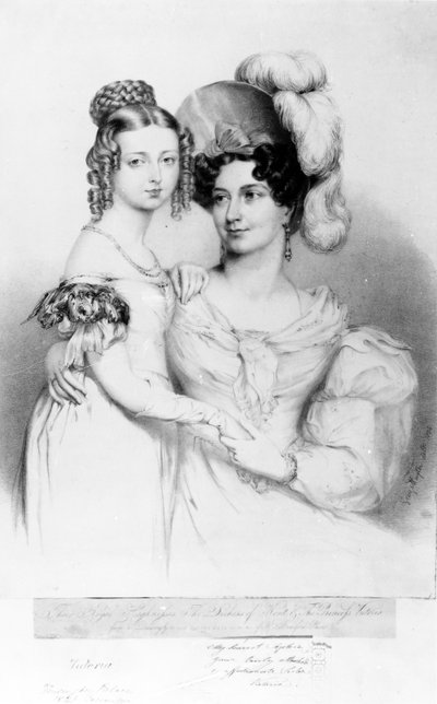 Queen Victoria and her mother Princess Victoria, Duchess of Kent and Strathearn, engraved by Richard James Lane by George Hayter