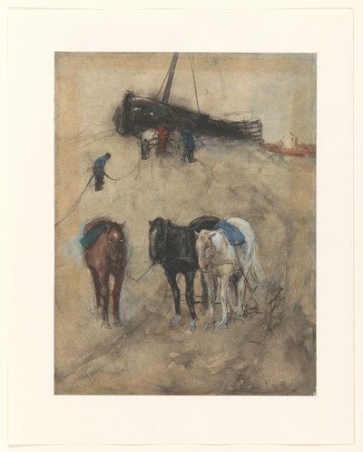 Horses on the Beach, with a Boat and Fishermen in the Background by George Hendrik Breitner