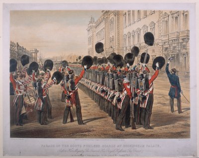 Parade of the Scots Fusilier Guards at Buckingham Palace on the Morning of their Departure for the Seat of War (engraved by E. Walker, published by Colnaghi und Co.) by George Housman Thomas