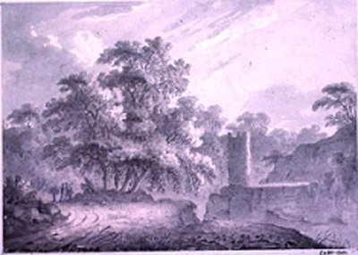 A Country Road with Travellers beside a Tower, built on a Rocky Cliff, At Marino, near Lake Albano by George Howland Beaumont
