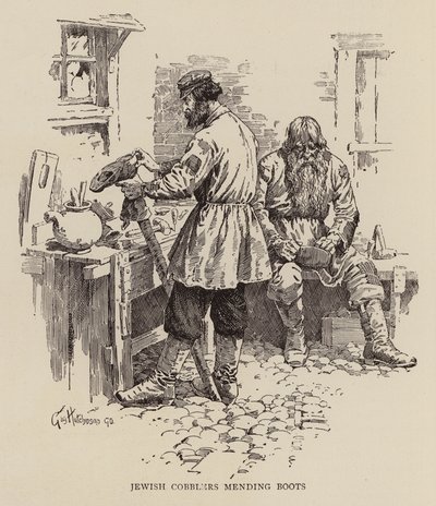 Jewish cobblers mending boots by George Hutchinson