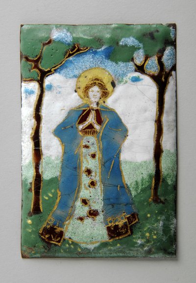 Enamel plaque of standing lady praying by George James Frampton