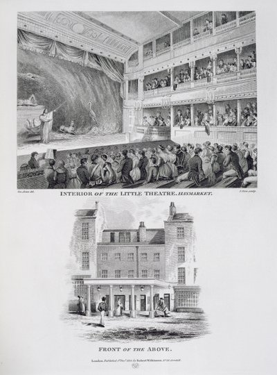 Interior of the Little Theatre, Haymarket in London and the Front of the Above, engraved by James Stow by George Jones