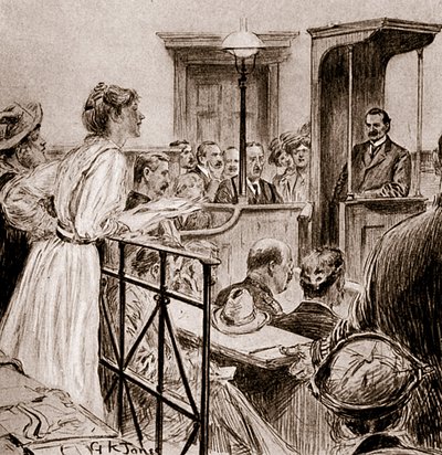 Miss Christabel Pankhurst questioning Mr Herbert Gladstone by George Kingston Jones