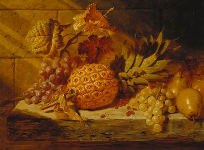 Black and White Grapes, Pears, Redcurrants and a Pineapple on a Ledge, 1845 by George Lance