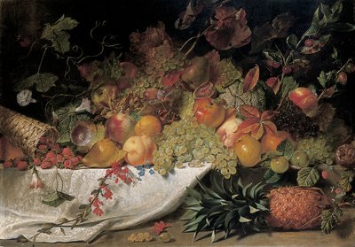 Fruit and Flowers on a Stone Ledge by George Lance