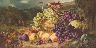 Still Life with Fruit in a Landscape, a Hunting Party Beyond by George Lance