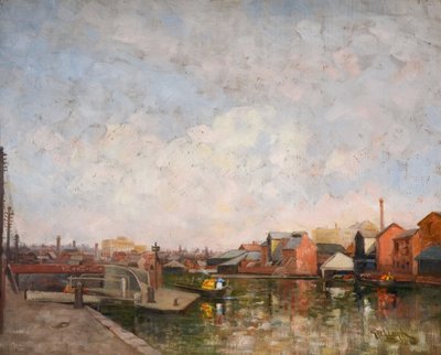 A Birmingham Canal Lock, 1920-30. View of Cambrian Wharf in Ladywood by George Leonard Leigh