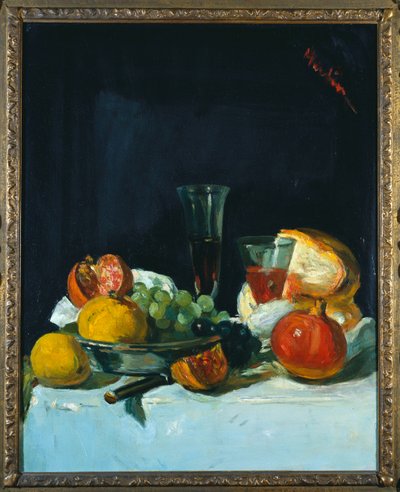 Grapes, Lemons and Pomegranates with White Wine Glasses and Loaf of Bread by George Leslie Hunter